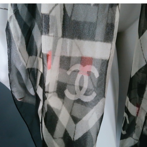 CHANEL Metallic Black & Cream Print Sheer Silk Scarf in Chanel Gift Box - Picture 9 of 16